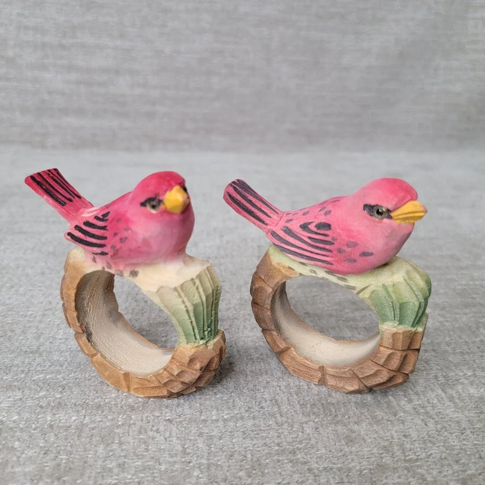 Hand Carved Wood Bird Napkin Rings Set of 8 Colorful Songbird Table Decor Rustic